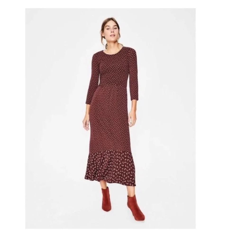Boden Philippa Hem Detail Midi Maroon Rainbow Flounce Dress size 8P Petite